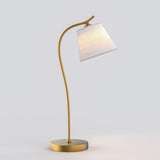 Modern Flexible Gooseneck Copper Desk Lamp with White Linen Shade for Bedroom and Study Table Lighting