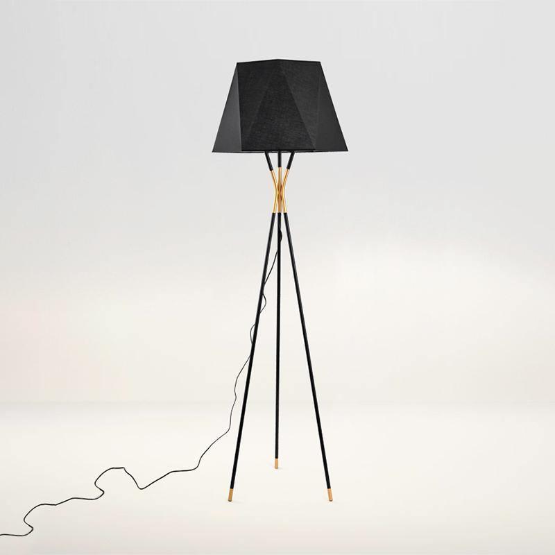 Modern Solitaire Tripod Floor Lamp with Faceted Shade and Brass Tipped Legs