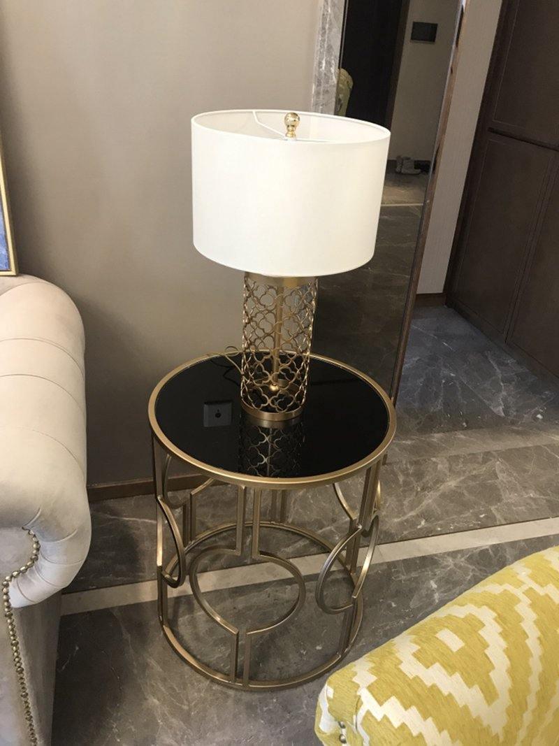 Modern Openwork Gold Metal Table Lamp with Satin Shade for Living Room and Bedroom