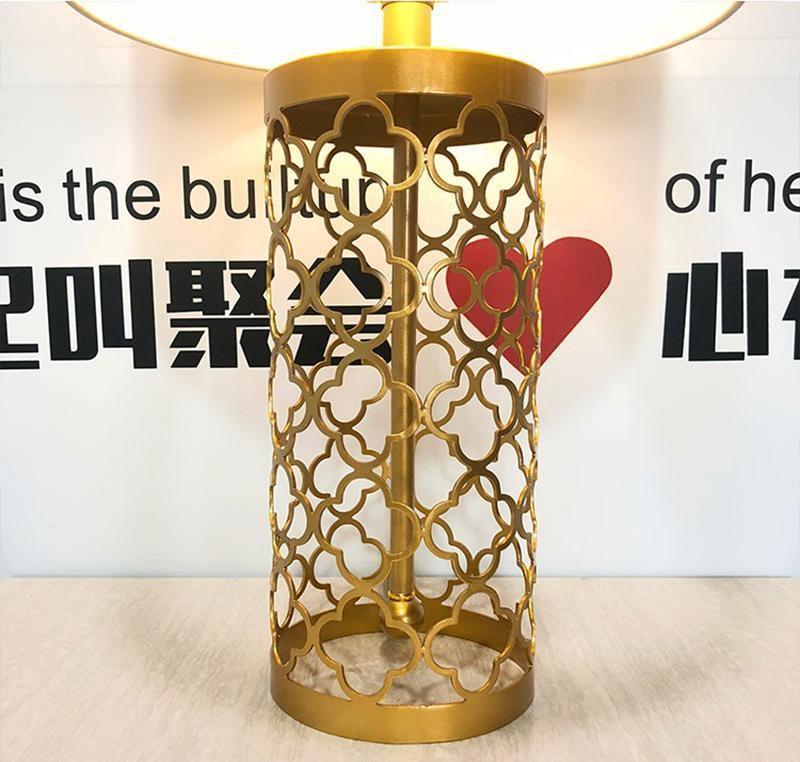 Modern Openwork Gold Metal Table Lamp with Satin Shade for Living Room and Bedroom