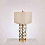 Modern Openwork Gold Metal Table Lamp with Satin Shade for Living Room and Bedroom