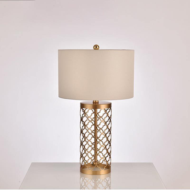 Modern Openwork Gold Metal Table Lamp with Satin Shade for Living Room and Bedroom