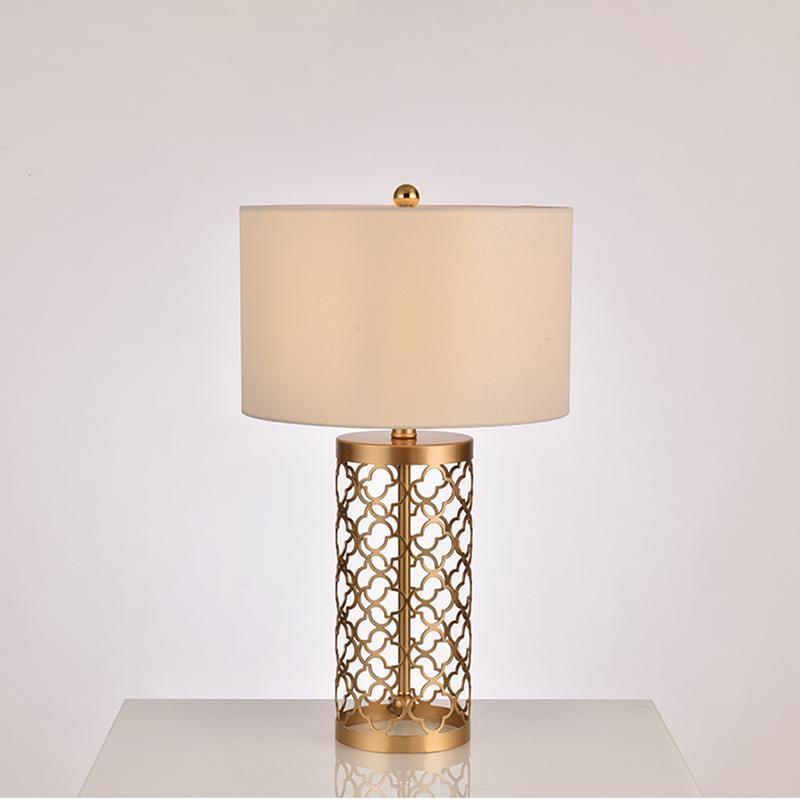 Modern Openwork Gold Metal Table Lamp with Satin Shade for Living Room and Bedroom