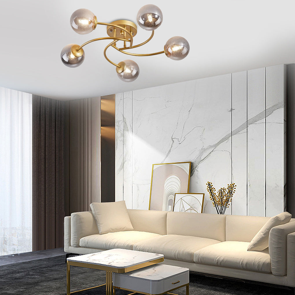 Modern Swirled Metal Flush Mount Light with Elegant Glass Globes for Ambient Bedroom Lighting