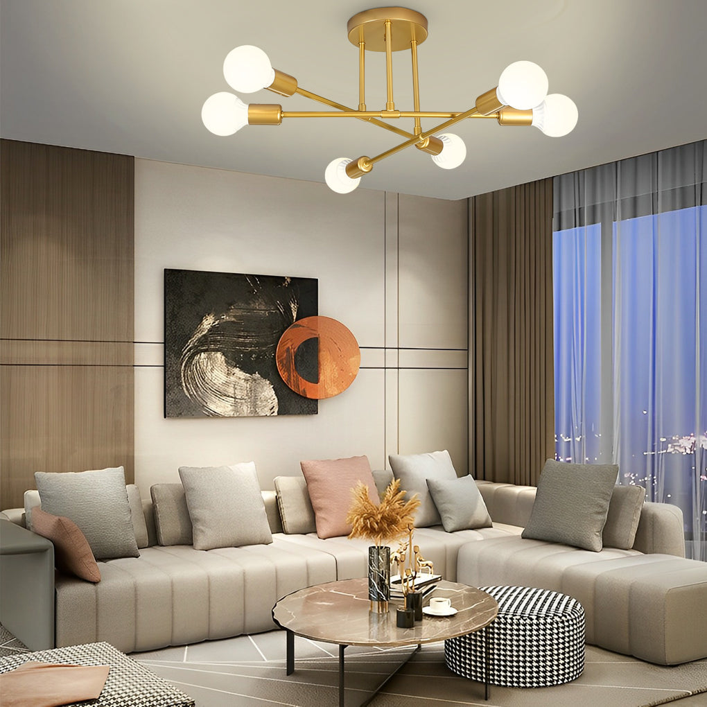 Modern 6 Light Sputnik Semi Flush Mount Ceiling Fixture with Rotatable Iron Arms 22 Inch