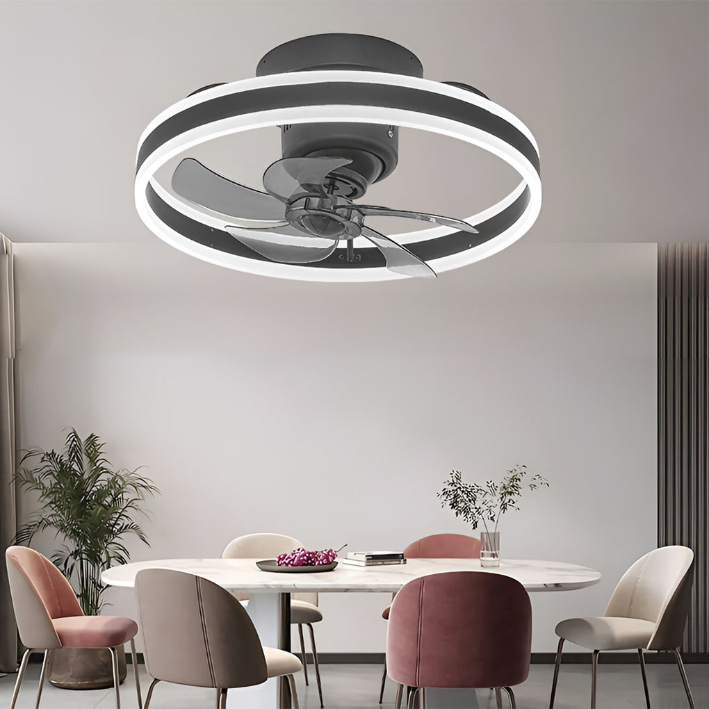 Modern Flush Mount Ceiling Fan with Stepless Dimming LED Light and 360 Degree Rotating Airflow