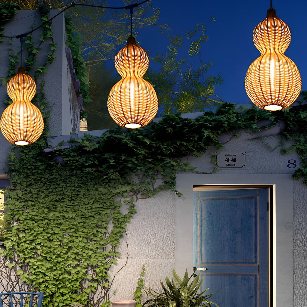 Rustic Woven Rattan Gourd Outdoor Pendant Light IP65 Waterproof Exterior Hanging Lamp for Garden and Patio