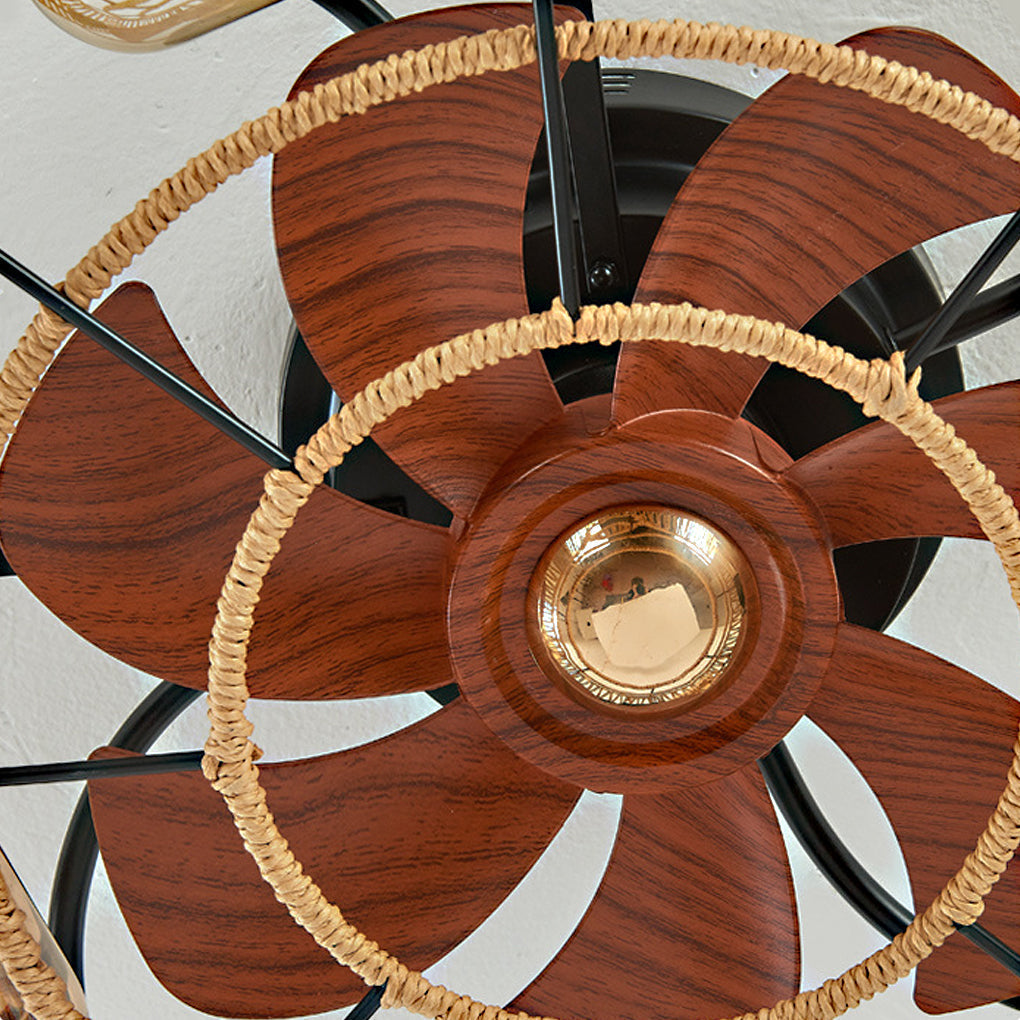 Retro Industrial Rattan Iron Bladeless Ceiling Fan with Light 6 Speeds Timing and Inverter