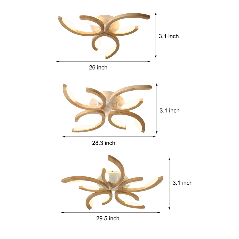 Modern Oak Wood Floral LED Semi Flush Mount Ceiling Light with Petal Acrylic Shades