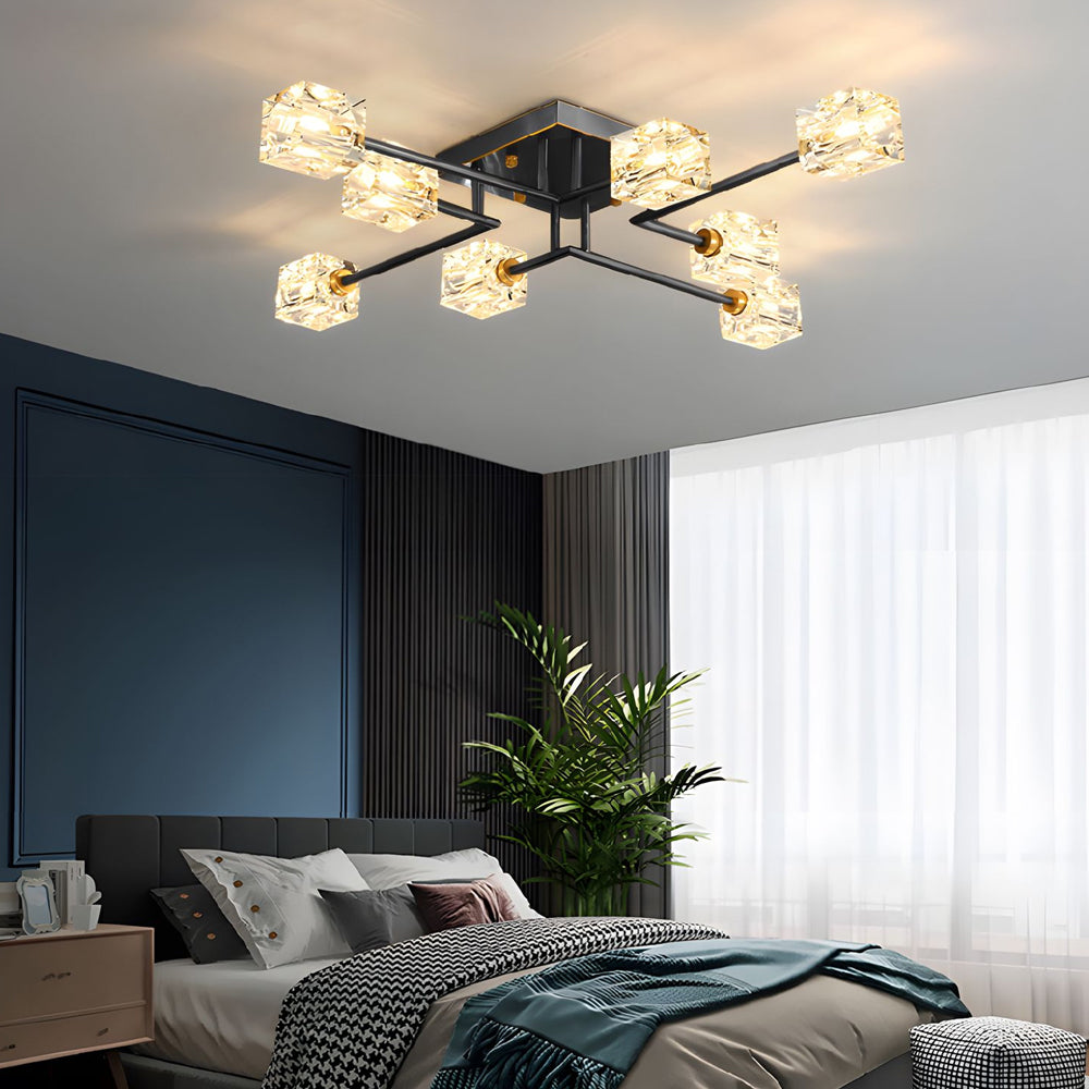 Modern Copper Crystal Cube Ceiling Light Semi Flush Mount for Living Room and Bedroom