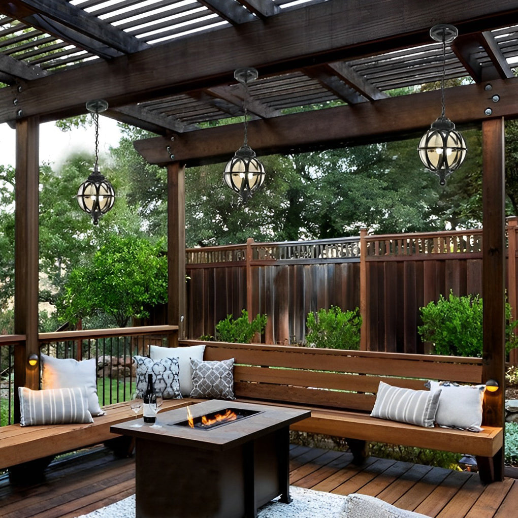 Vintage Waterproof Outdoor Pendant Light Retro Aluminum and Glass Hanging Ball Ceiling Lantern