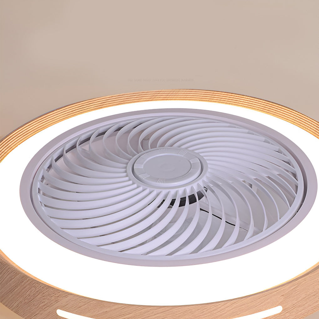Modern Ultra Thin Bladeless Ceiling Fan with Remote Control Dimmable LED Light in Imitation Wood Grain