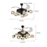 Modern 41 Inch Retractable Ceiling Fan with 4 Blades and Colored Glass Shades for Living Room