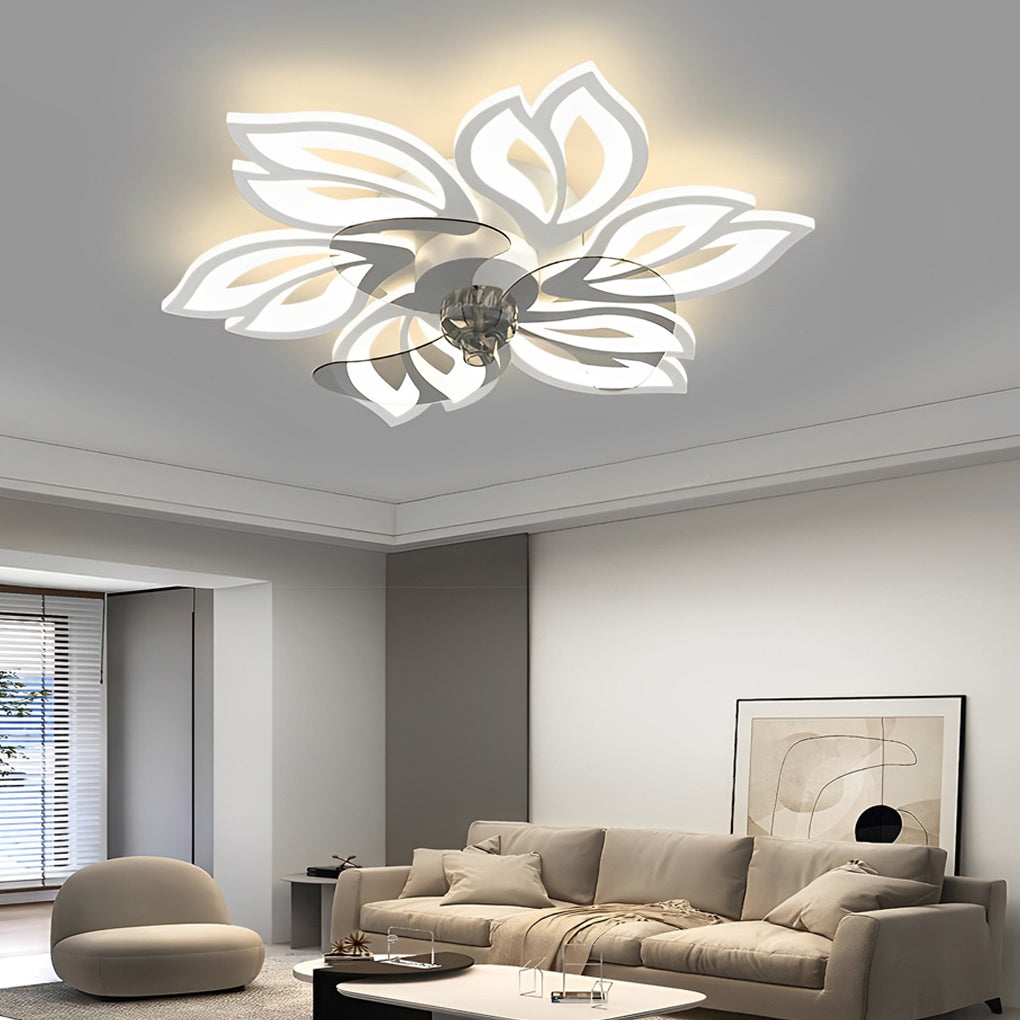 Modern Flower Flush Mount LED Ceiling Fan Smart Dimmable Low Profile Lighting for Bedroom