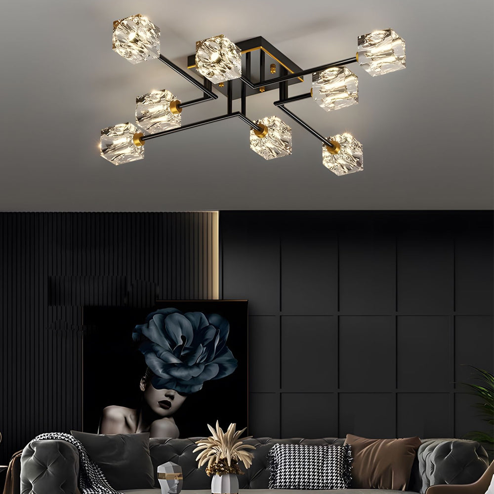 Modern Copper Crystal Cube Ceiling Light Semi Flush Mount for Living Room and Bedroom