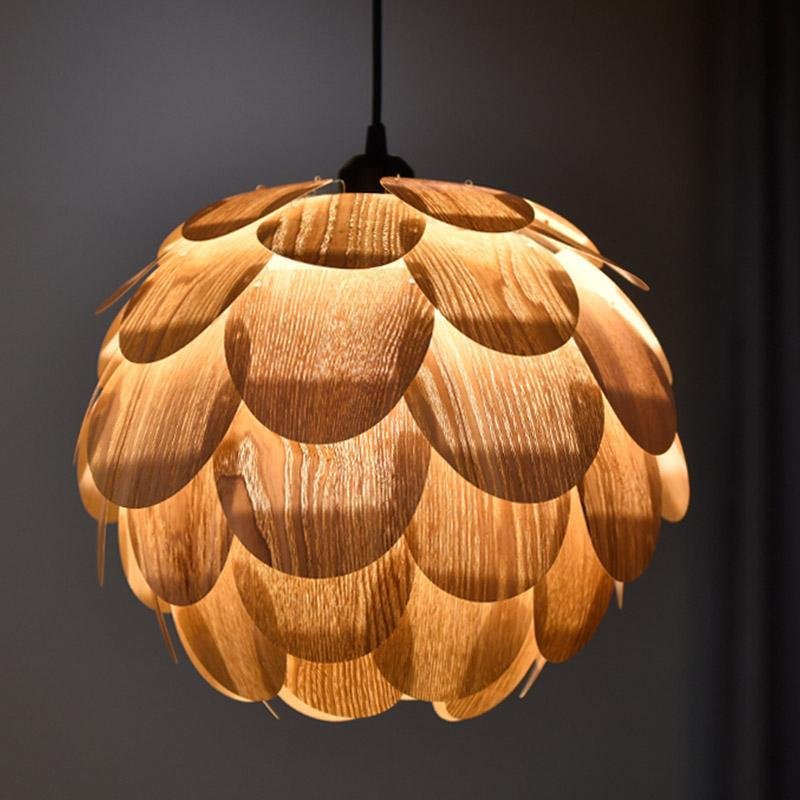 15 Inch Rustic Pineapple Ash Wood Pendant Light Handcrafted Wooden Hanging Lamp for Kitchen Island