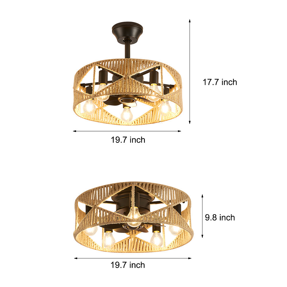 20 Inch Rustic Hemp Rope Woven Caged Ceiling Fan with Light 6 Speed Remote Control for Bedroom