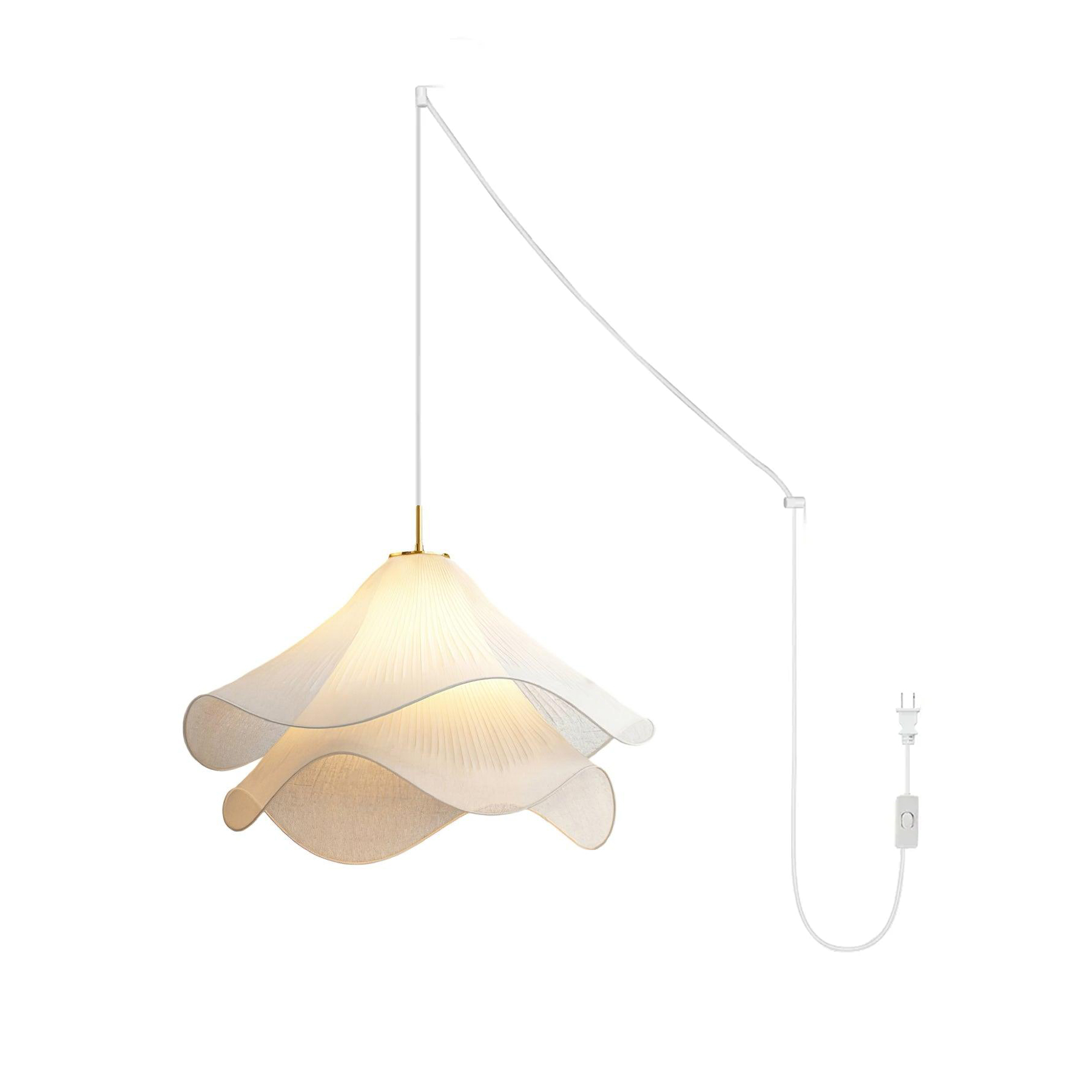 white-pleated-fabric-plug-in-pendant-light-gold-hardware-elegant-floral-hanging-lamp