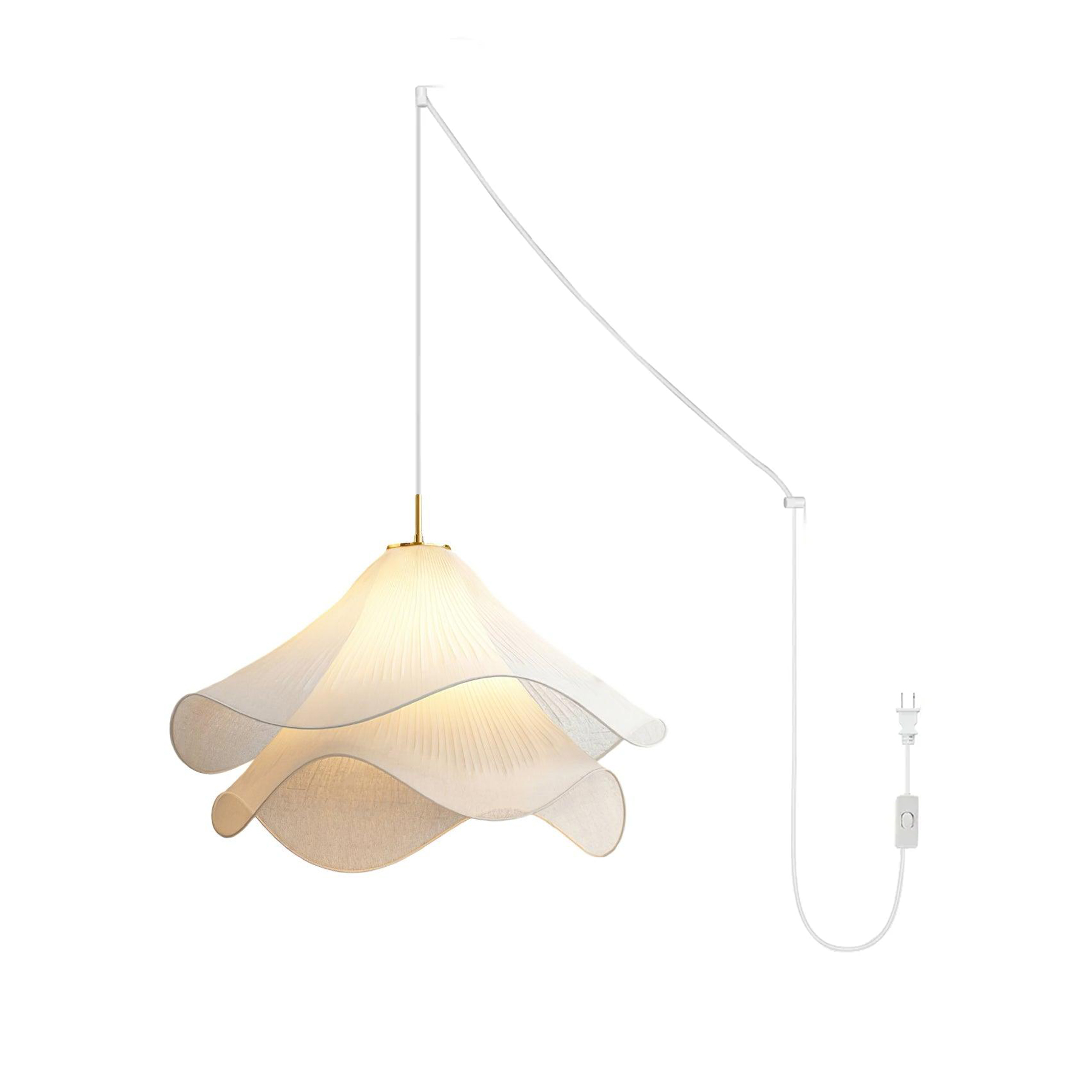 white-pleated-fabric-plug-in-pendant-light-gold-hardware-elegant-floral-hanging-lamp