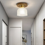 American Country Style Walnut Wood and Glass Flush Mount Ceiling Light Fixture