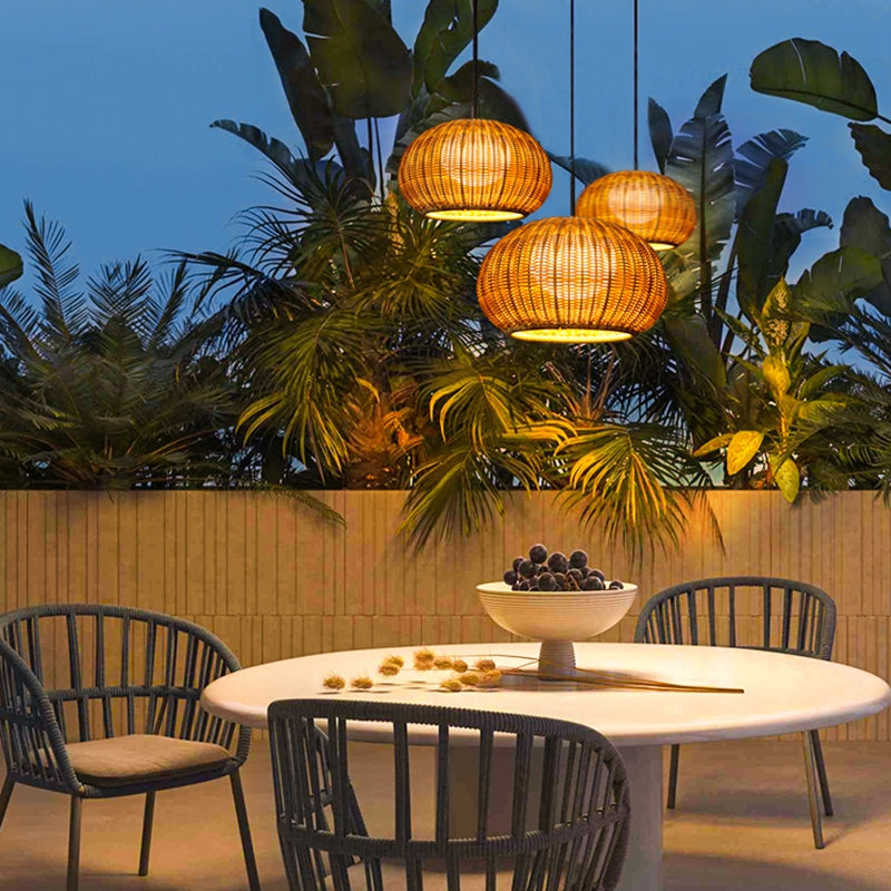 Modern Waterproof Rattan Lantern Outdoor Wall Sconce and Garden Hanging Pendant Lamp
