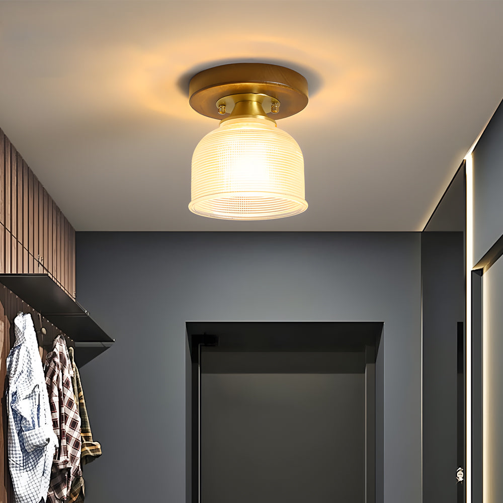 American Country Style Walnut Wood and Glass Flush Mount Ceiling Light Fixture