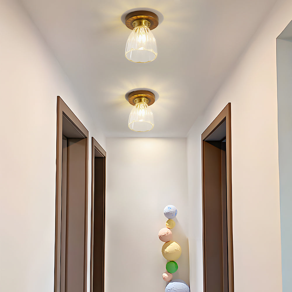 American Country Style Walnut Wood and Glass Flush Mount Ceiling Light Fixture