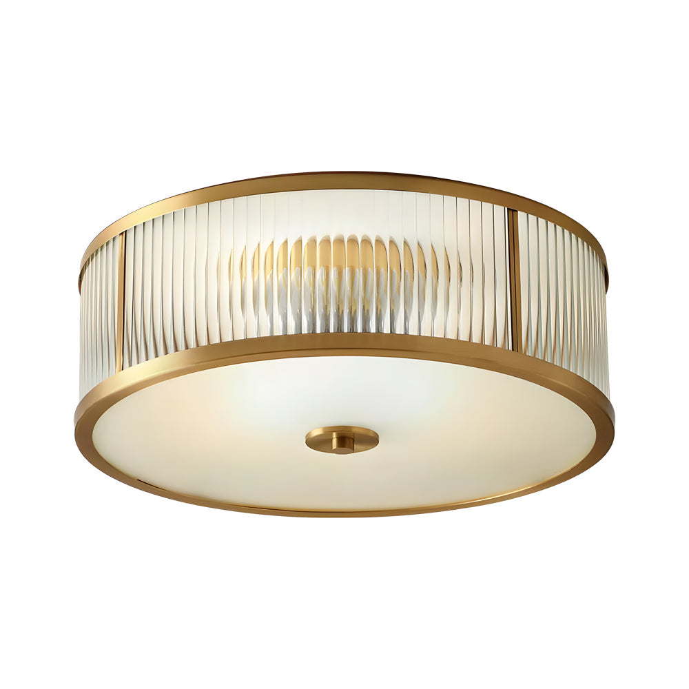 Modern Gold Drum Flush Mount Ceiling Light with Ribbed Glass Shade for Living Room and Bedroom