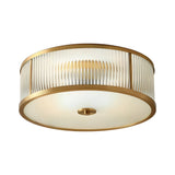 Modern Gold Drum Flush Mount Ceiling Light with Ribbed Glass Shade for Living Room and Bedroom