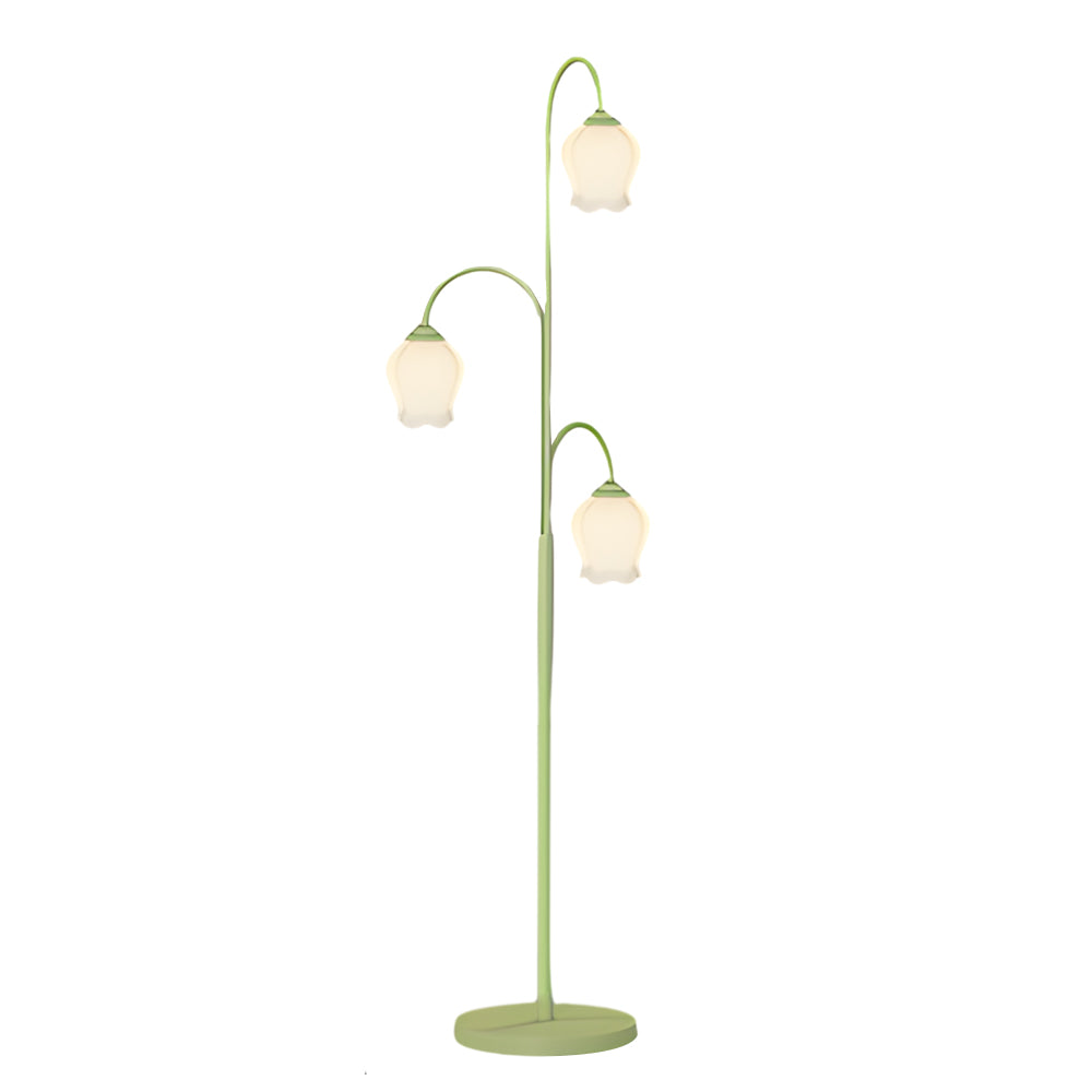 French Style Green Tulip Arc Floor Lamp with Three Dimmable Flower Glass Shades for Living Room