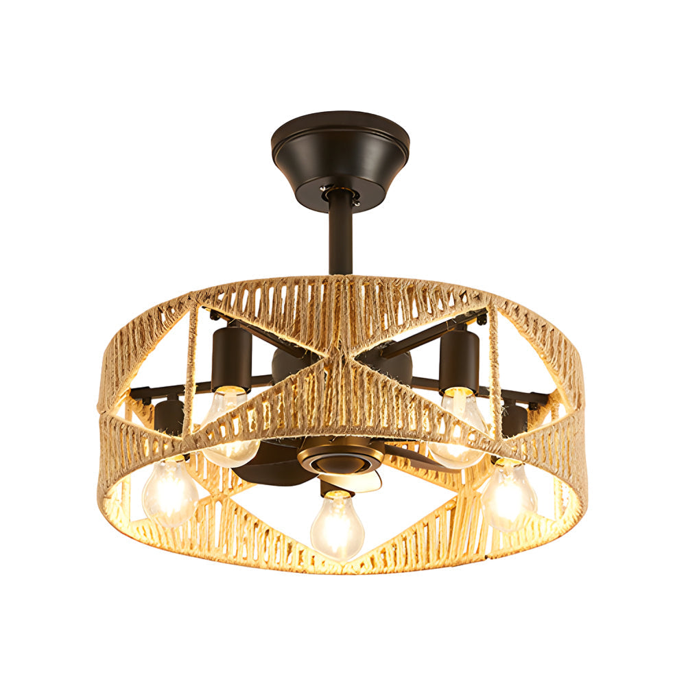20 Inch Rustic Hemp Rope Woven Caged Ceiling Fan with Light 6 Speed Remote Control for Bedroom
