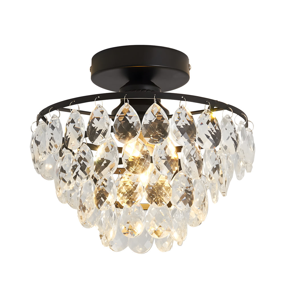 Modern Round Crystal Flush Mount Ceiling Light in Matte Black for Bedrooms and Corridors