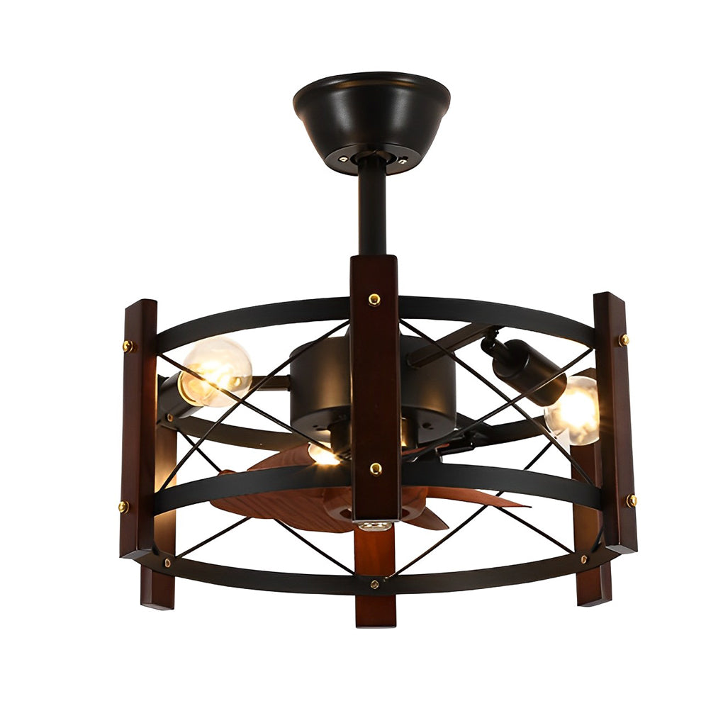 Vintage Industrial Black Metal Cage Bladeless Ceiling Fan with 4 Light Chandelier for Living Room