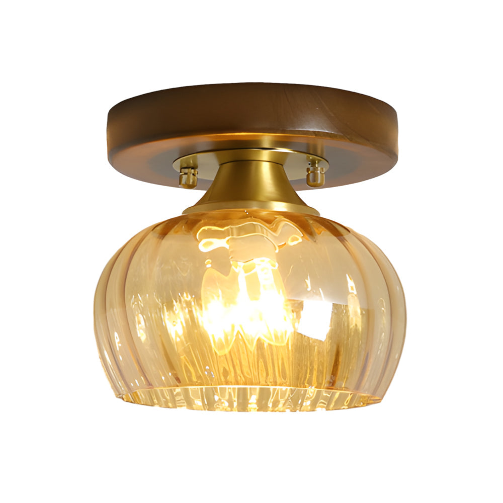American Country Style Walnut Wood and Glass Flush Mount Ceiling Light Fixture