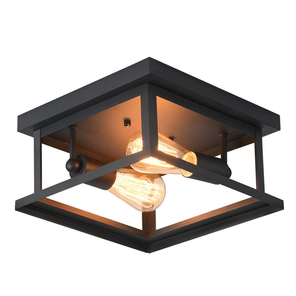 Vintage Square Iron Flush Mount Ceiling Light Retro Industrial Black Metal Fixture