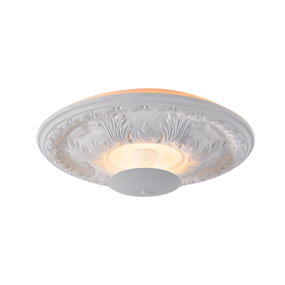 Ornate White Plaster Relief LED Flush Mount Round Ceiling Light Dimmable 19.7 Inch