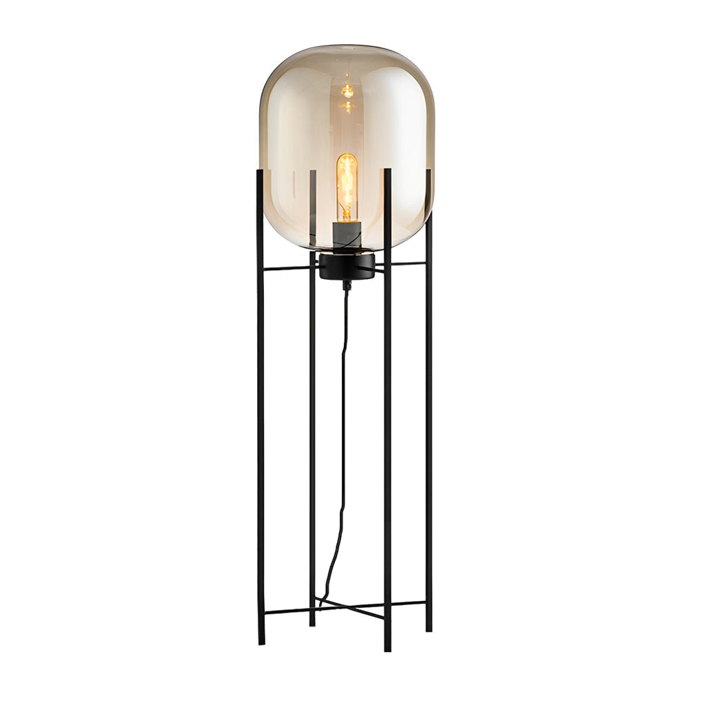 Modern Industrial Floor Lamp with Hand Blown Smoke Glass Shade and Black Metal Frame