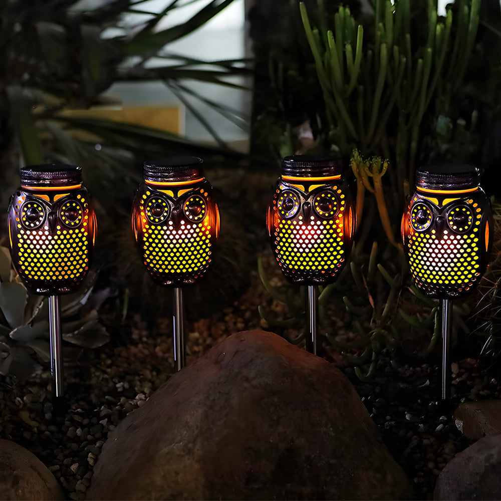 2 Pack Flickering Flame Owl Solar Lanterns for Outdoor Garden Decor Metallic Landscape Stake Lights
