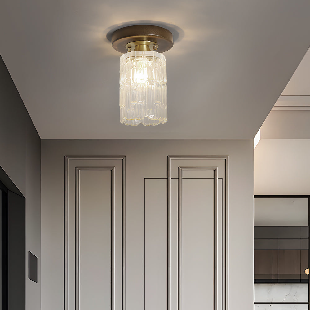 American Country Style Walnut Wood and Glass Flush Mount Ceiling Light Fixture