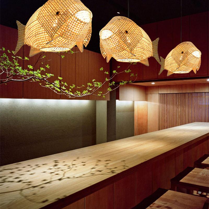 26 Inch Rustic Fish Shaped Bamboo Pendant Light Fixture for Farmhouse and Coastal Decor