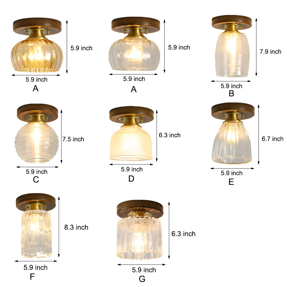 American Country Style Walnut Wood and Glass Flush Mount Ceiling Light Fixture