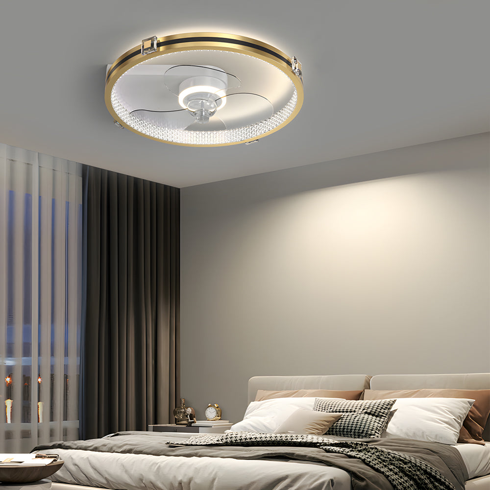 Modern Gold Ring LED Ceiling Fan with 3 Color Dimming Flush Mount Light for Bedroom Study