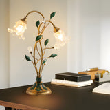 Modern Floral Desk Lamp with Dual Glass Flower Shades and Elegant Iron Leaf Accents