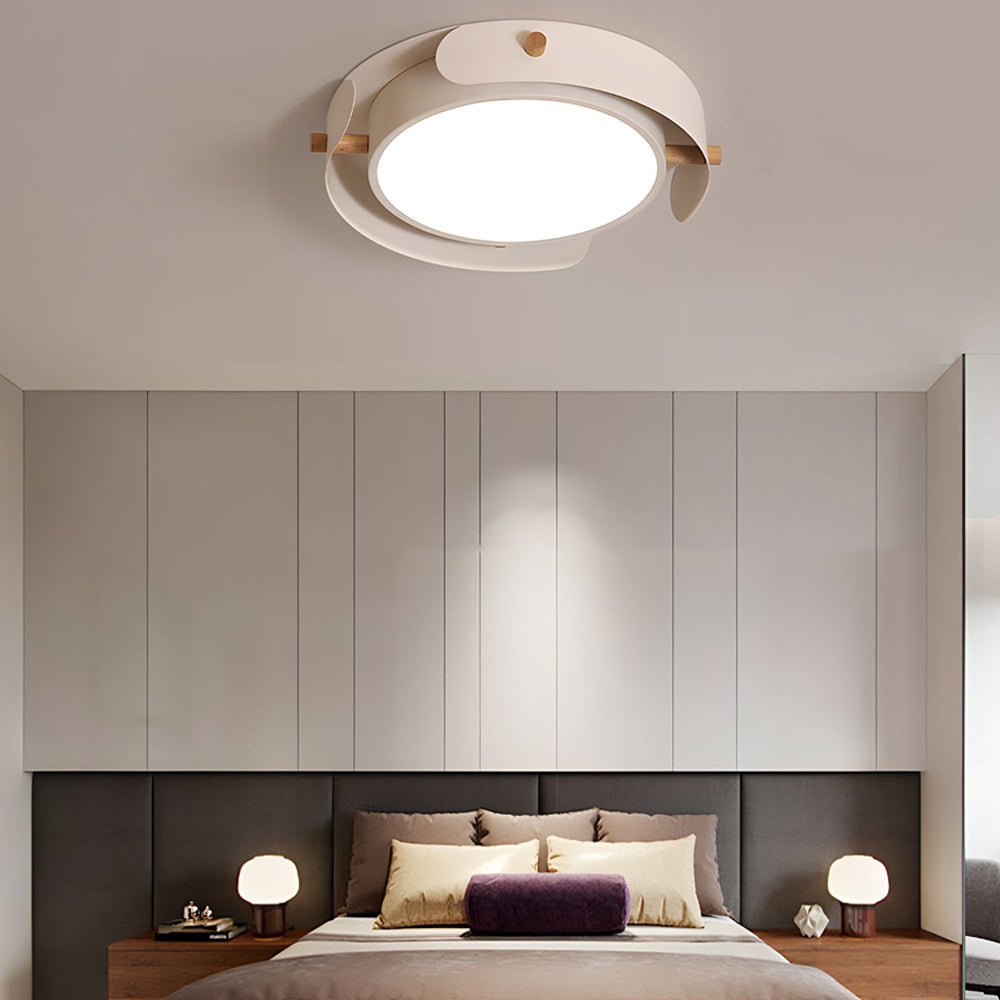 Modern White Iron and Rubber Wood Round Drum Flush Mount LED Ceiling Light Fixture