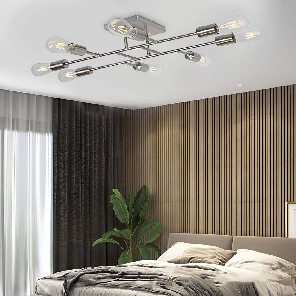 Vintage 8 Light Antique Brass Semi Flush Mount Ceiling Fixture with Geometric Industrial Metal Design