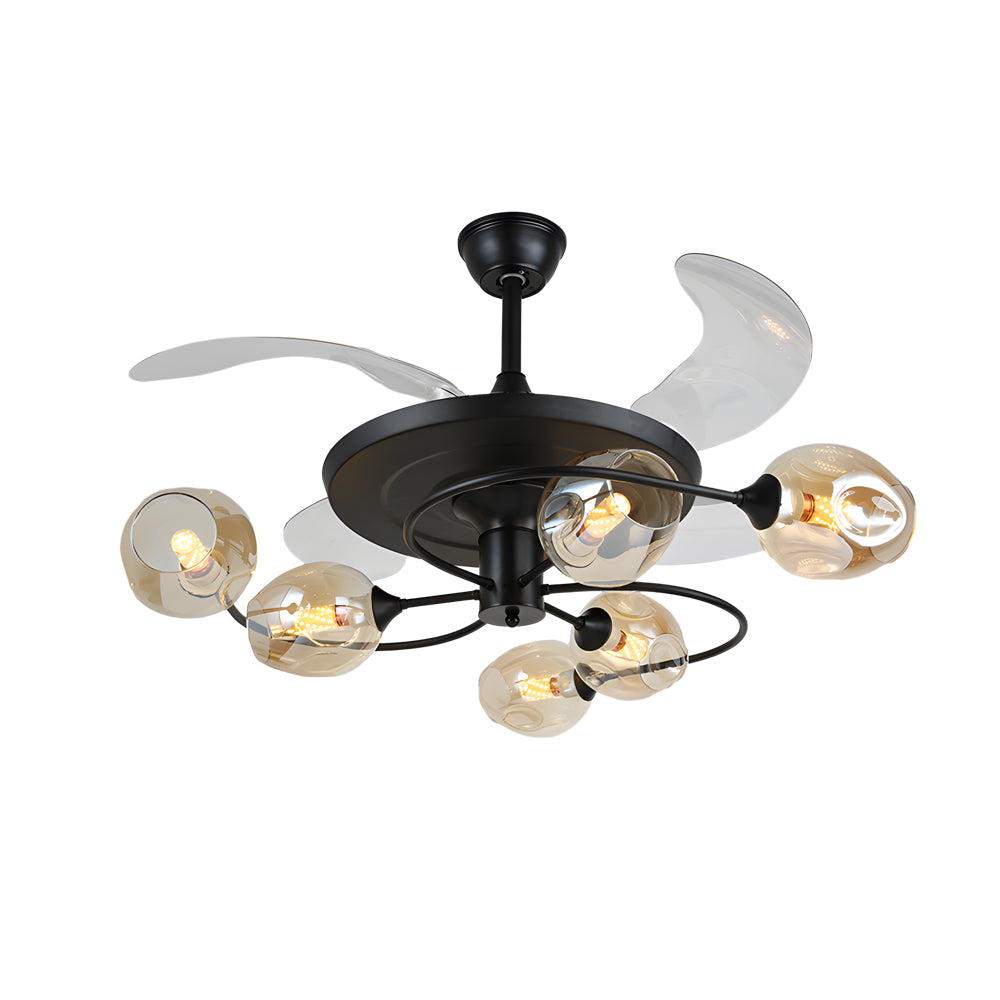 Modern 41 Inch Retractable Ceiling Fan with 4 Blades and Colored Glass Shades for Living Room