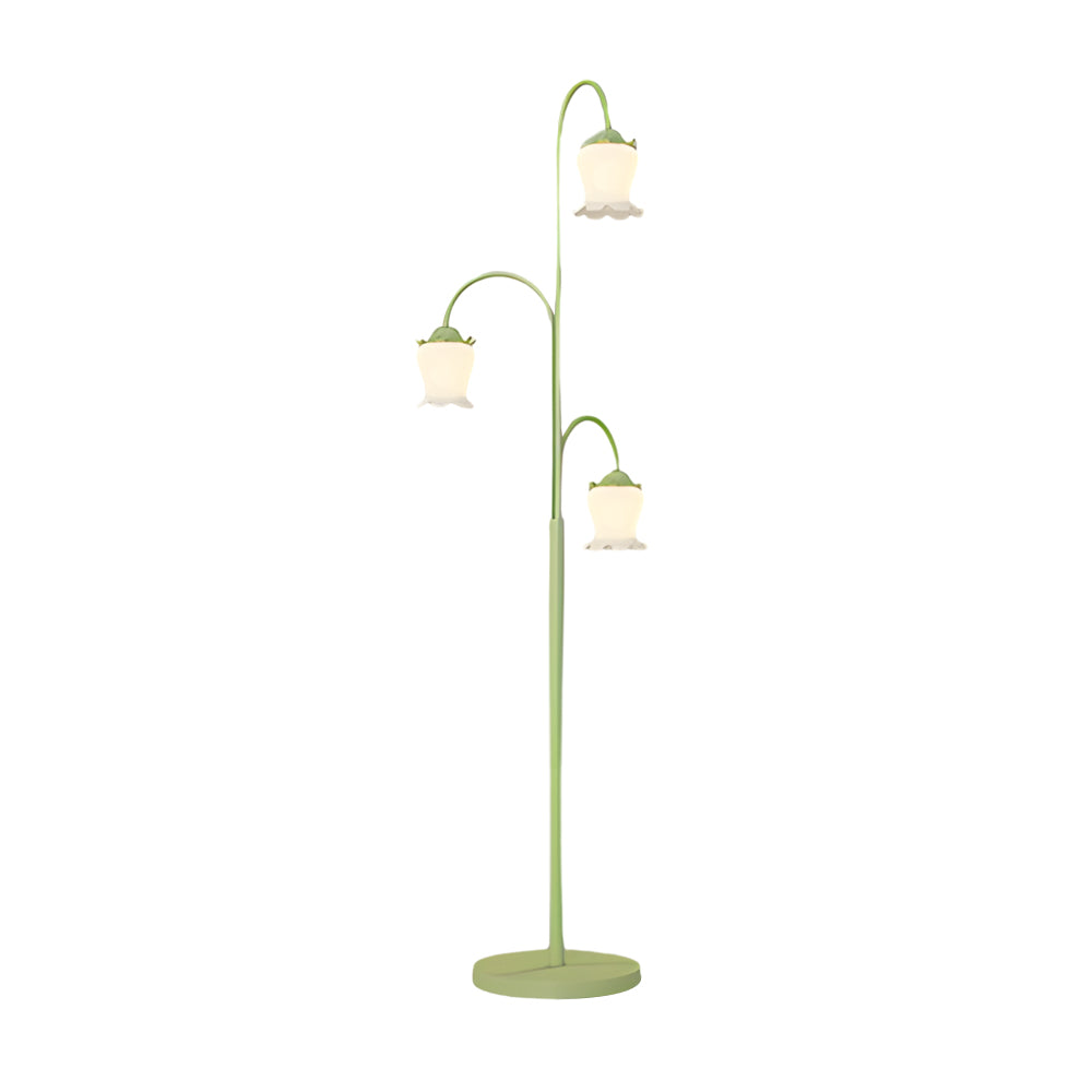 French Style Green Tulip Arc Floor Lamp with Three Dimmable Flower Glass Shades for Living Room