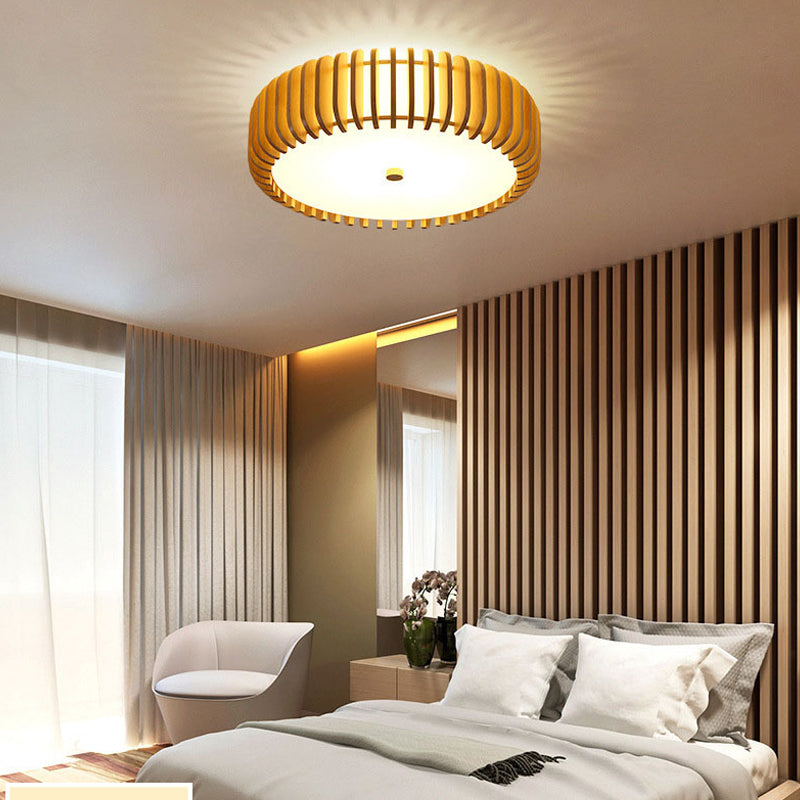 Modern Round Wooden LED Ceiling Light for Bedroom with 3 Step Color Dimming