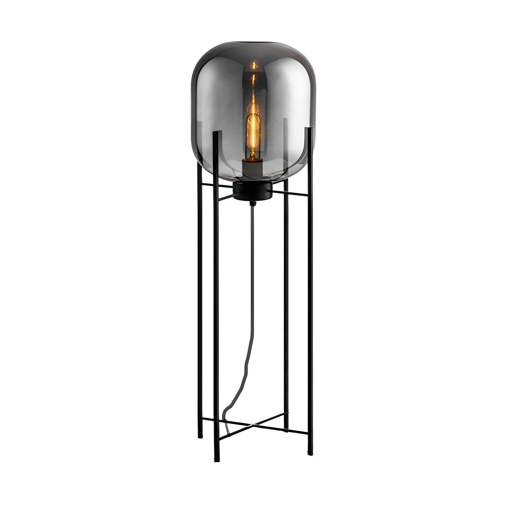 Modern Industrial Floor Lamp with Hand Blown Smoke Glass Shade and Black Metal Frame