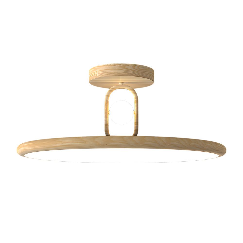 Mid Century Wood Grain Round Semi Flush Mount LED Ceiling Light for Modern Bedroom and Living Room